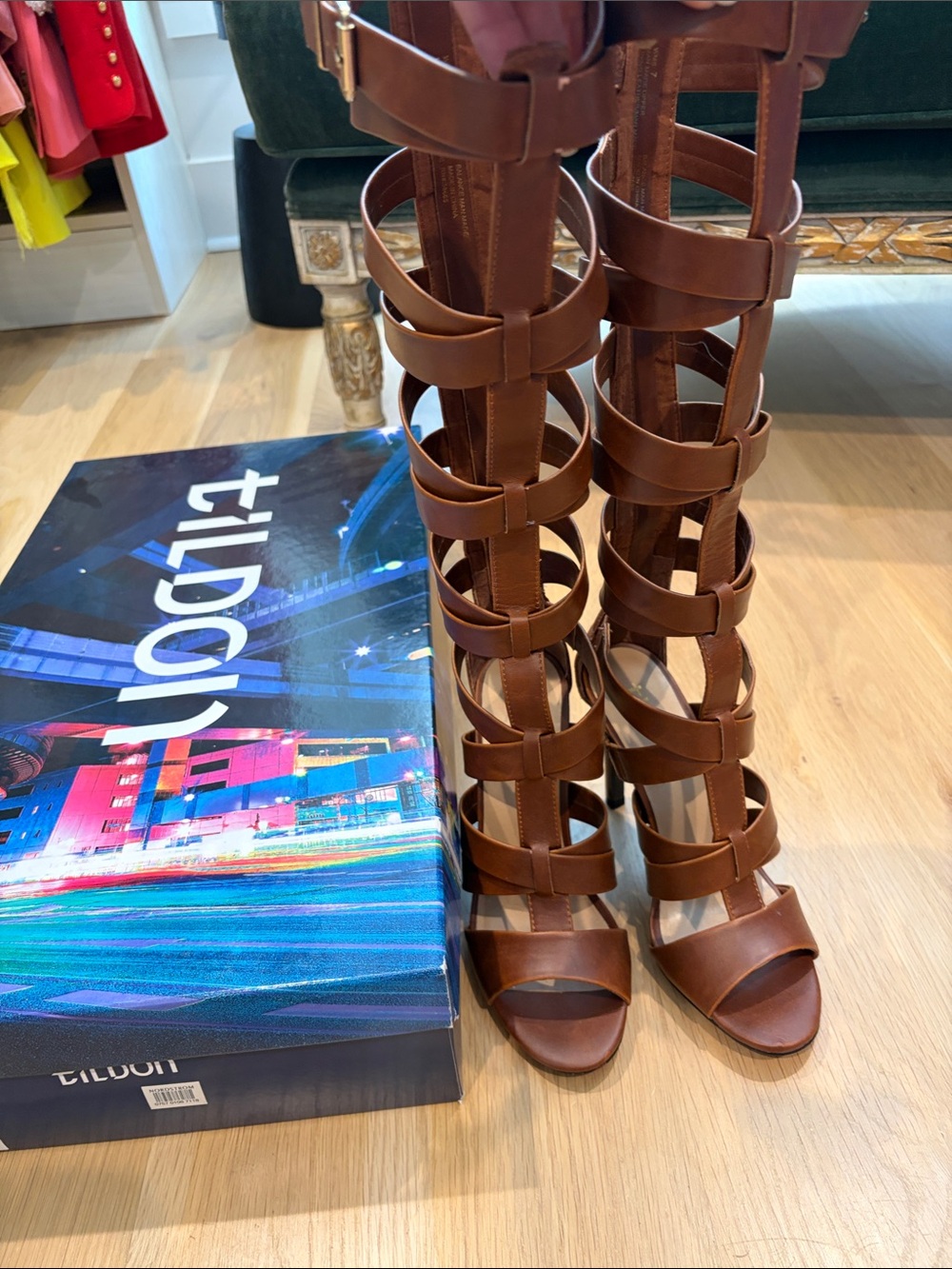 Tildon Brown Strappy Knee-High Gladiator Heeled Boots. 4” heel
